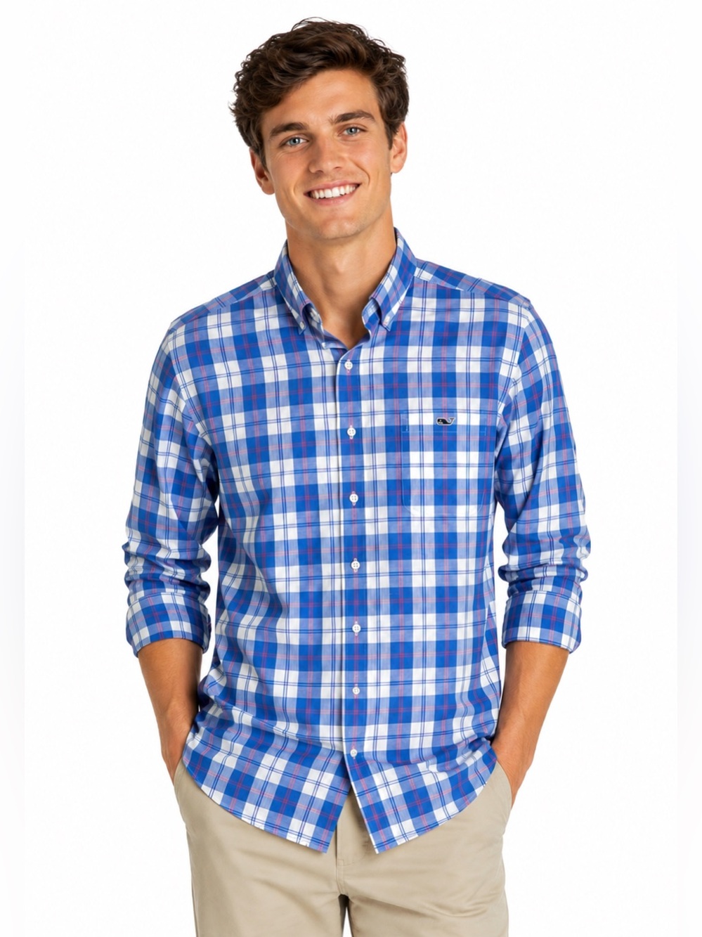 Vineyard Vines Classic Fit Tucker Shirt 100% Cotton Blue/White Plaid Size Large